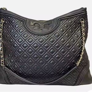 Tory Burch Fleming Black Quilted Lambskin Leather ShoulderTode Bag